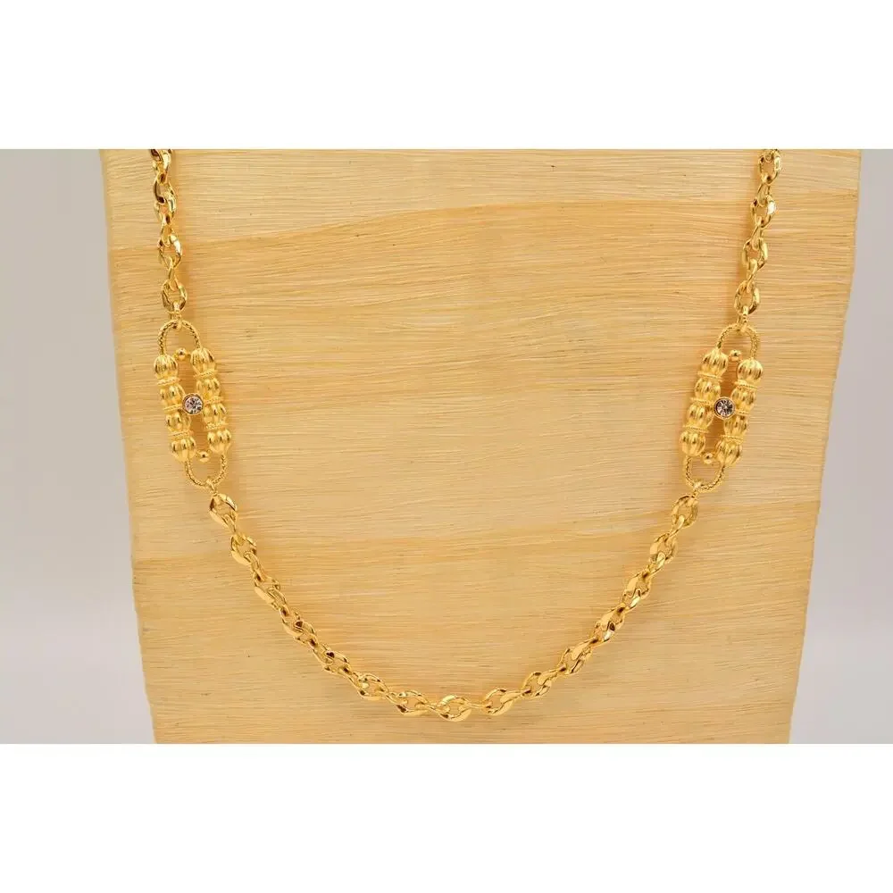 Vintage Station Chain Necklace Brushed Gold Rhinestone Crystal Linked 1980s 9J